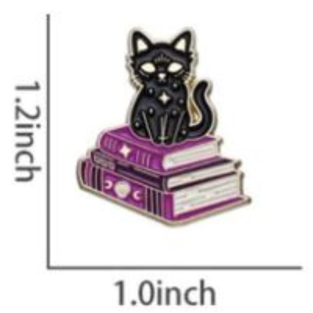 Mystical Celestial Black Witchy Cat on a Spell Book Pile Gold Tone Enamel Pin - Picture 4 of 6